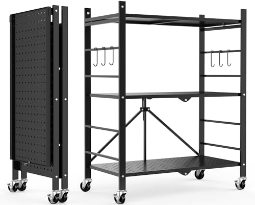 Himix Storage Shelves with 6 Hooks, 3 Tier Foldable Shelf with Wheels, Metal Storage Shelving Unit Rolling Cart, Utility Shelf Rack Organization Himix