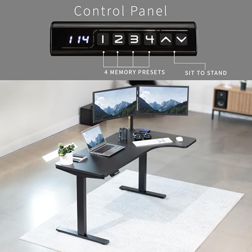 VIVO Electric Height Adjustable L Shaped 58 x 35 inch Corner Standing Desk, Black Reversible Table Top, Black Frame, Workstation with Memory Control