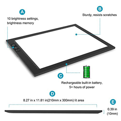 Portable Rechargeable A4 Light Box for Tracing, Ultra-Thin Led Light Pad Adjustable Light Board for Weeding Vinyl, Drawing, Tattoo, Sketching, Animation, Diamond Drawing, Watercolor Drawing