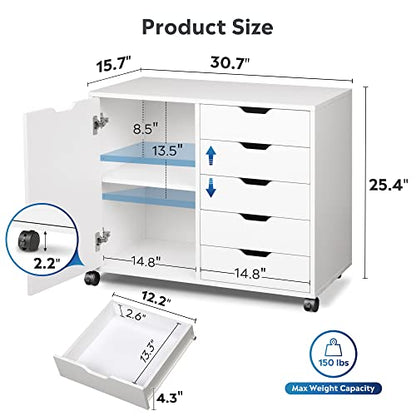 DEVAISE 5-Drawer Wood Dresser Chest with Door, Mobile Storage Cabinet, Printer Stand for Home Office