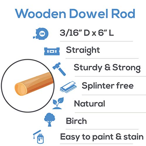 Dowel Rods Wood Sticks Wooden Dowel Rods - 3/16 x 6 Inch Unfinished Hardwood Sticks - for Crafts and DIYers - 50 Pieces by Woodpeckers