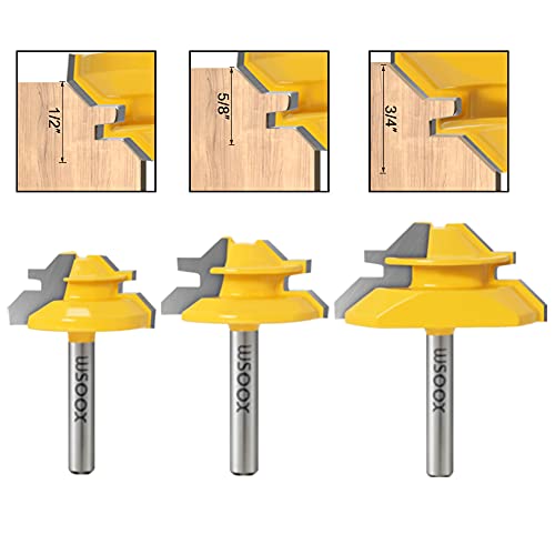 WSOOX 1/4 Inch Shank 45 Degree Lock Miter Router Bit Set, 3pcs Joint Router Bits, Wood Milling Cutter Glue Joint Tools Set (for Cutting 1/2Inch, WSOOX