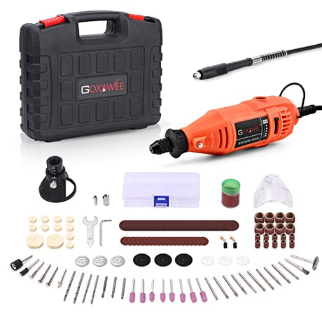 GOXAWEE Rotary Tool Kit with MultiPro Keyless Chuck and Flex Shaft - 140pcs Accessories Variable Speed Electric Drill Set for Handmade Crafting GOXAWEE