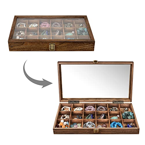 MOOCA Wooden Display Storage Case with Tempered Glass Lid for Jewelry and Beads with 18 Compartments Tray, 15 W x 8 3/8 L x 2 1/8 H in, Brown Color MOOCA