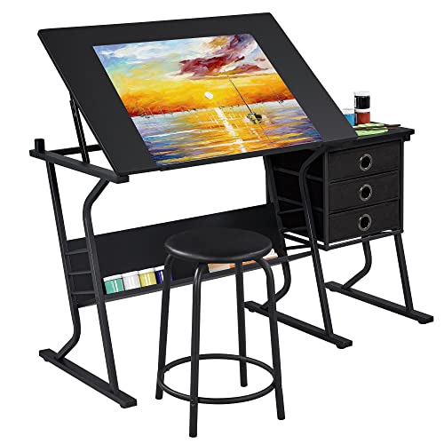 Yaheetech Drafting Table for Adults/Artists, Drawing Desk, Tabletop Adjustable Art/Craft Desk with Stool and 3 Slide Drawers, Sketching Painting