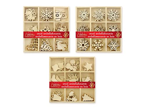 Mini Laser Cuts Wood Shapes - Snowflake, Candy Cane, Star, Mitten, Angel, Bells, Reindeer, Tree, Sleigh Holiday Icons - 45 Pieces - 1'' Across Multicraft