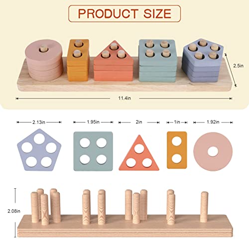 WTUST Montessori Toys for 1 2 3 Years Old Boys Girls,Toddler Learning Educational Wooden Sorting & Stacking Toys,Shape Sorter Color Stacker Toy