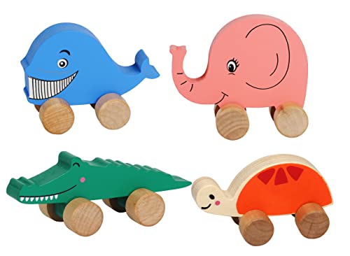 TOWO Wooden Cars for Toddlers - Animals on Wheels - Vehicles Sensory Grasping Motor Skill Toy –Push and Go First Trucks for Baby 12 Months 1 Year Old - WoodArtSupply