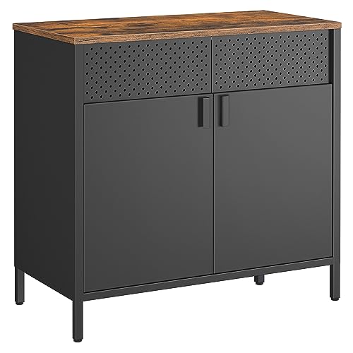 SONGMICS Storage Sideboard, Buffet Table with Adjustable Shelves, Floor Storage Cupboard, Steel Frame, Rustic Brown and Black ULSC102B01 SONGMICS