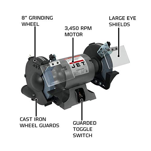 JET 8-Inch Bench Grinder, 3450 RPM, 1/2 HP, 1Ph 115V (JBG-8A) - WoodArtSupply