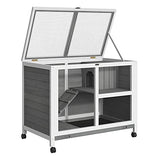 PawHut Indoor Rabbit Hutch with Wheels, Desk and Side Table Sized, Wood Rabbit Cage, Waterproof Small Rabbit Cage, Gray PawHut