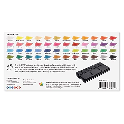 KINGART PRO Artist, Tin Box with Water Brush Watercolor Half-Pans, 48 Vibrant Colors Piece,518-48 KINGART