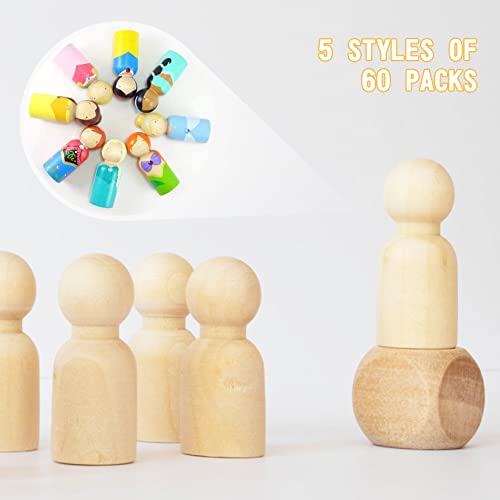 Unfinished Wood Peg Dolls, Xrkuu 60 in 5 Shapes Puppet, Nature Doll Bodies Kids DIY Painting Toy Small, Arts & Crafts, Boys & Girls Game Accessories