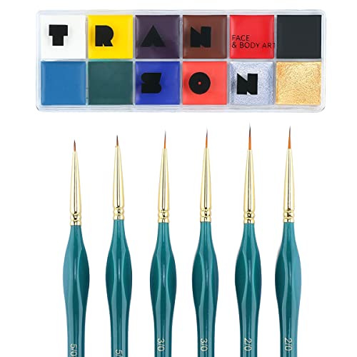 Transon Detail Thin Paint Brush Set 6pcs and 12-Color Face Body Paint Palette TRANSON