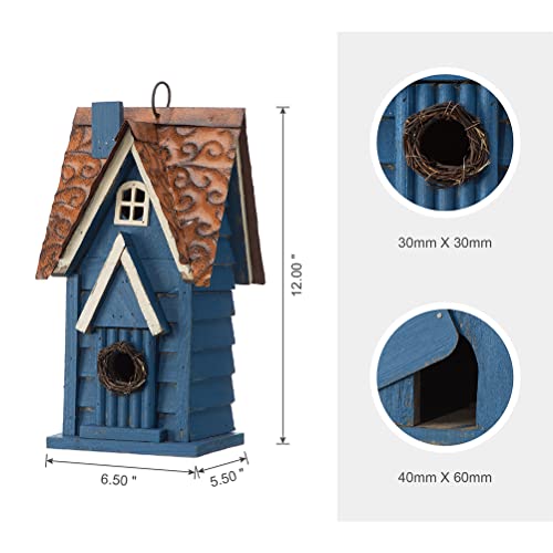 Glitzhome 12" H Retro Blue Distressed Solid Wood Cottage Birdhouse Hanging Bird House for Outdoors glitzhome