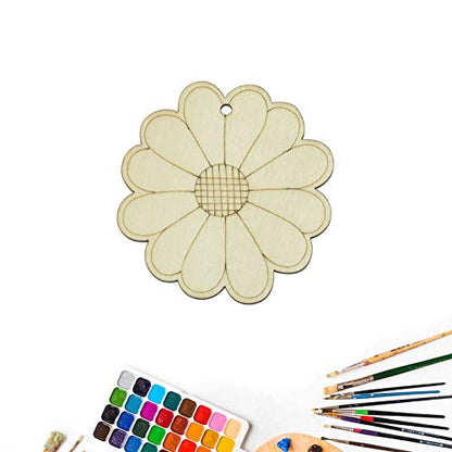 Creaides Flower Wood DIY Crafts Cutouts Wooden Sun Flower Shaped Hanging Ornaments with Hole Hemp Ropes Gift Tags for Wedding Birthday Christmas