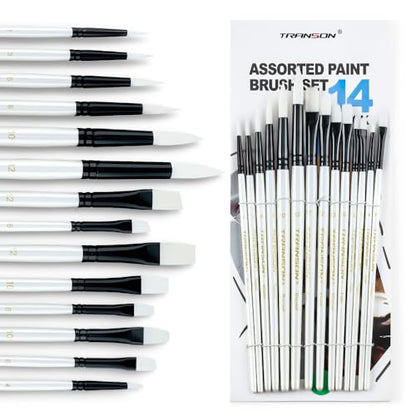 Transon 14pcs Art Painting Brush Set for Acrylic, Watercolor, Gouache, Oil and Hobby Painting White Color - WoodArtSupply