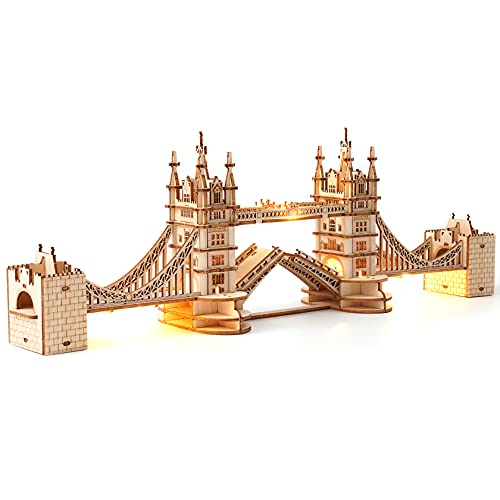 ROBOTIME 3D Puzzle Wooden Craft Kits with LED Light DIY Tower Bridge Construction Model Kit to Build for Teens Brain Teaser Puzzle Home Decor ROBOTIME
