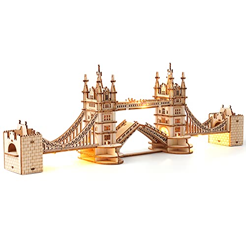 ROBOTIME 3D Puzzle Wooden Craft Kits with LED Light DIY Tower Bridge Construction Model Kit to Build for Teens Brain Teaser Puzzle Home Decor