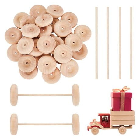 OLYCRAFT 30Pcs 1.9x0.6 Inch Wooden Craft Wheels with 15Pcs 5.9 Inch Wooden Sticks Unfinshed Wooden Wheel Large Wood Wheels Round Wooden Craft Wheels OLYCRAFT
