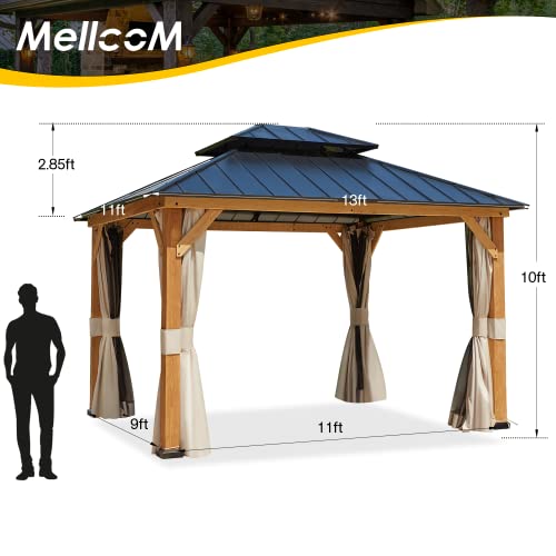 MELLCOM 11' x 13' Hardtop Cedar Wood Gazebo for Patios, Outdoor Cedar Framed Gazebo with Double Metal Roof, Solid Wooden Framed Gazebo with Privacy - WoodArtSupply