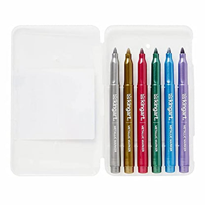 KINGART 6 Pc. Metallic Marker Set, Medium Tip, Set of 6 Brilliant Metallic Colors with Travel Storage Case - WoodArtSupply