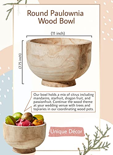 Serene Spaces Living 11" Paulownia Wood Round Bowl, Handmade Wooden Decorative Bowl Fruit Basket for Décor, Parties, Wedding Centerpiece, Floral - WoodArtSupply