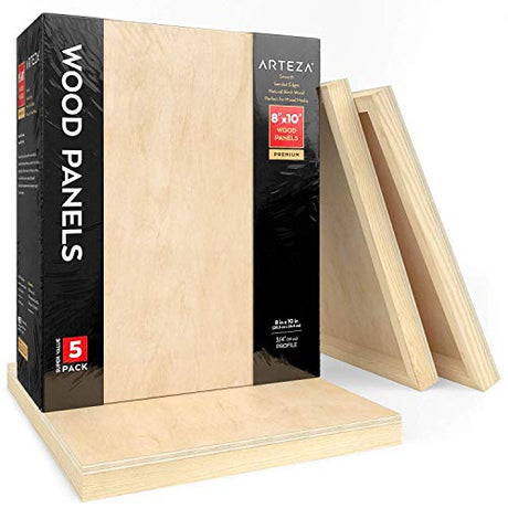 Arteza Wooden Canvas Board, 8x10 Inch, Pack of 5, Birch Wood, Cradled Artist Wood Panels for Painting, Encaustic Art, Wood Burning, Pouring, Use with ARTEZA