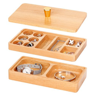 Yhwocd Wooden Stackable Jewelry Box with Lid, Wood Stackable Jewelry Trays, Jewelry Holder Organizer for Earrings, Rings, Necklace, Pendant,