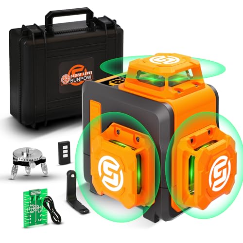 SUNPOW Laser Level 3x360° Self Leveling, Green Beam Cross Line Laser Level Tool for Construction & Picture Hanging - Build-in Li-ion Battery, Type-C SUNPOW