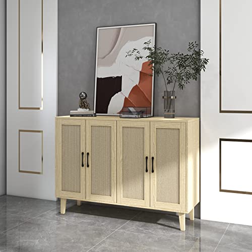 Panana Buffet Storage Cabinet with Rattan Decorating 4 Doors Living Room Kitchen Sideboard 48.43 x 34.65 x 15 inch (Natural Wood)