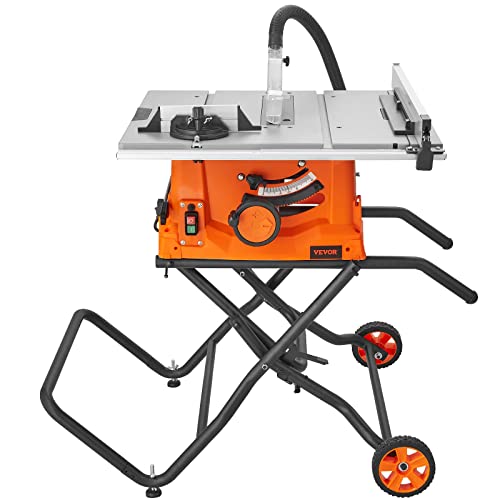 VEVOR Table Saw with Stand, 10-inch 15-Amp, 25-in Max Rip Capacity, Cutting Speed up to 5000RPM, 40T Blade, Portable Compact Jobsite Tablesaw with VEVOR