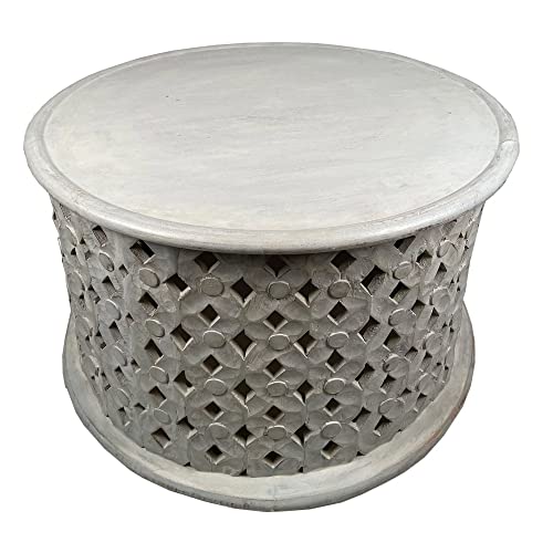 The Urban Port Mango Wood Farmhouse Round Coffee Table with Intricate Diamond Cut-Out Base The Urban Port