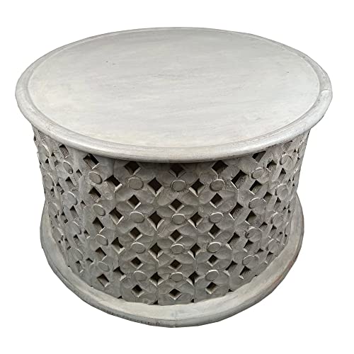 The Urban Port Mango Wood Farmhouse Round Coffee Table with Intricate Diamond Cut-Out Base - WoodArtSupply