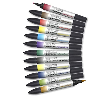 Winsor & Newton ProMarker Watercolor Marker Set, 12 Count, Basic Tones - WoodArtSupply