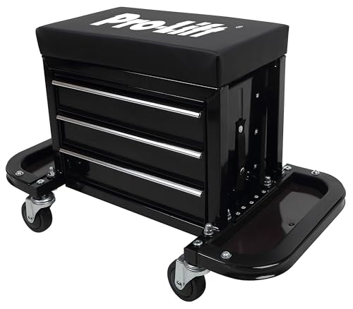 Pro-Lift Mechanic Roller Seat with Tool Box - 3-Drawer Rolling Tool Chest Stool with Padded Seat Cushion for Garage Creeper – 400 Lbs Capacity - WoodArtSupply