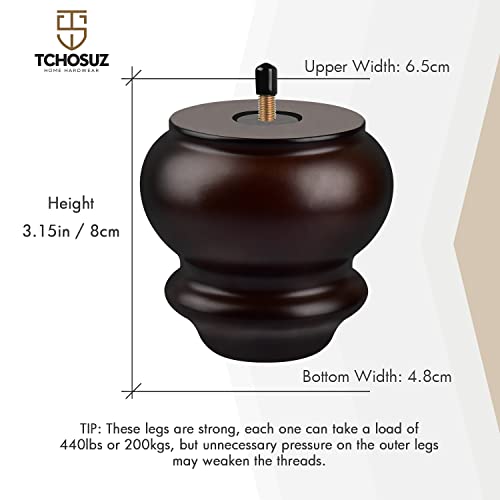 TCHOSUZ 3 inch / 8cm Wooden Furniture Legs, Pack of 4 Classic Walnut Solid Wood Turned DIY Replacement Bun Feet with M8 Hanger Bolts & T-Nuts for TCHOSUZ