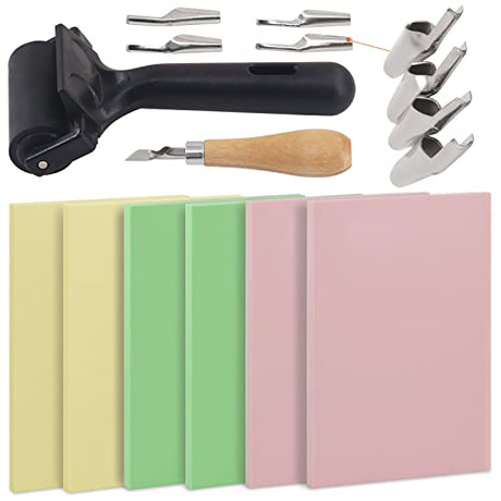 Rustark 12Pcs Rubber Stamp Making Kit with Stamp Block, Rubber Brayer Roller,Rubber and Wood Carving Cutting Tool, Block Printing Starter Tool Kit Rustark