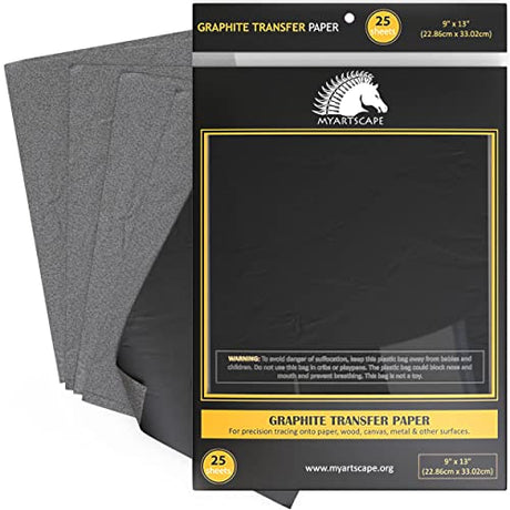 MyArtscape Graphite Transfer Paper - 9" x 13" - 25 Sheets - Waxed Carbon Paper for Tracing (Black) MyArtscape