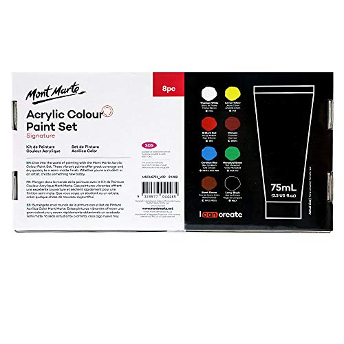 MONT MARTE Signature Acrylic Color Paint Set, 8 x 2.5oz (75ml), Semi-Matte Finish, 8 Colors, Suitable for Most Surfaces Including Canvas, Card, Paper - WoodArtSupply