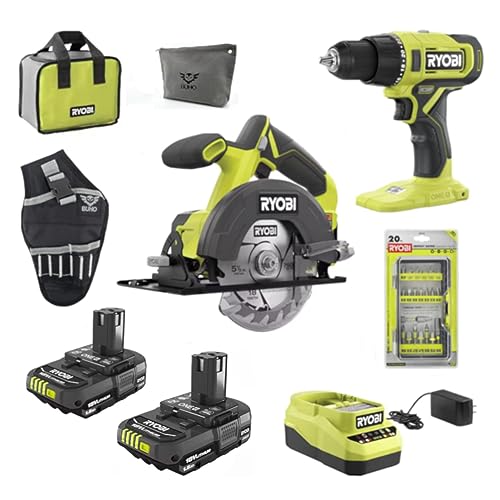 18-Volt Cordless 2-Tool Combo Bundle with Ryobi Drill & Circular Saw, (2) 1.5 Ah Batteries, Charger, Tool Bag, Impact Rated 20 Piece Drill Bit Set, - WoodArtSupply