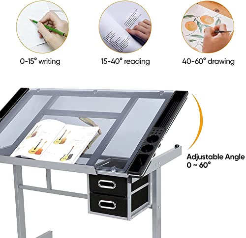 JupiterForce Adjustable Drafting Table Art Desk Drawing Table Versatile Art Craft Work Station Glass Tabletop w/2 Slide Drawers and Wheels for JupiterForce