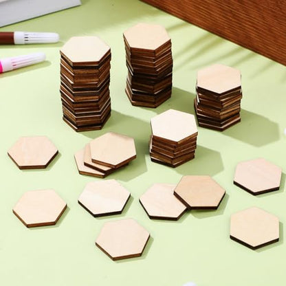 COHEALI Hexagon Wood Pieces, 200Pcs Unfinished Wooden Hexagon Shape Cutouts Slice Wooden Tile for DIY Arts - WoodArtSupply