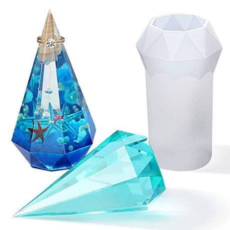 ResinWorld 2 Pack Tea Light Candle Holder Mold + Faceted Ring Cone Resin Mold Silicone, Diamond Shaped Ring Holder Molds for Resin Casting ResinWorld