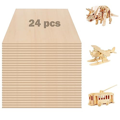 24 Pack Basswood Sheets, 12 x 12 x 1/8 inch Plywood, 3 mm Thin Unfinished Wood Board for Crafts, Laser Cutting & Engraving, Wood Burning, CNC