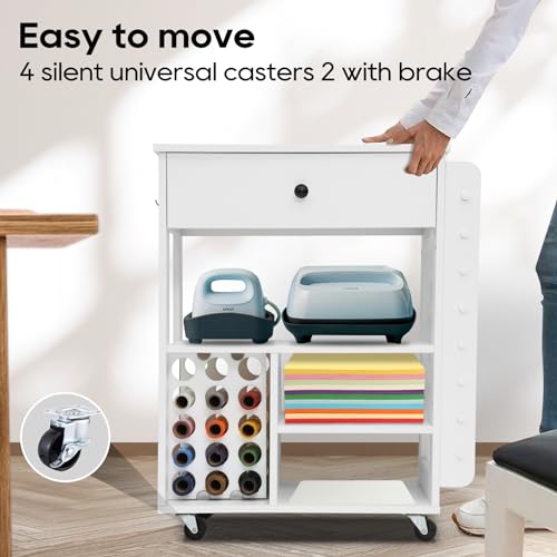 Craft Organizer and Storage Cart Compatible with Cricut Machine, Rolling Storage Organizer Cart for Circut with Vinyl Roll Holders and Drawer,
