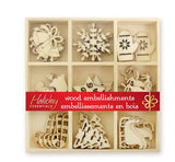 Mini Laser Cuts Wood Shapes - Snowflake, Candy Cane, Star, Mitten, Angel, Bells, Reindeer, Tree, Sleigh Holiday Icons - 45 Pieces - 1'' Across Multicraft