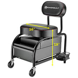 Powerbuilt Professional Car Detailers Mechanics Roller Seat, Heavy Duty Garage Stool with Thick Padded Seat and Backrest, 2 Sliding Storage Drawers, Powerbuilt
