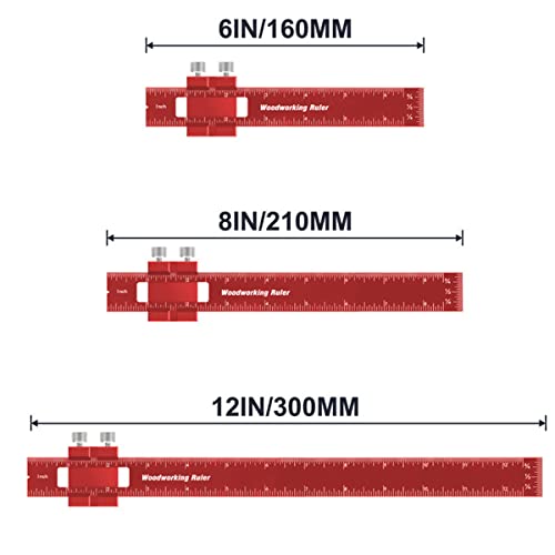 3Pcs Woodworking Precision Pocket Ruler，6/8/12 Inch Metal Slide Stop Marking Ruler ，Woodworking Scribing Measure Tools and Metal Scriber