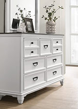 Roundhill Furniture Clelane Wood Bedroom Set with Shiplap Panel Bed, Dresser, Mirror, Two Nightstands, and Chest, Queen, Weathered White and Walnut Roundhill Furniture